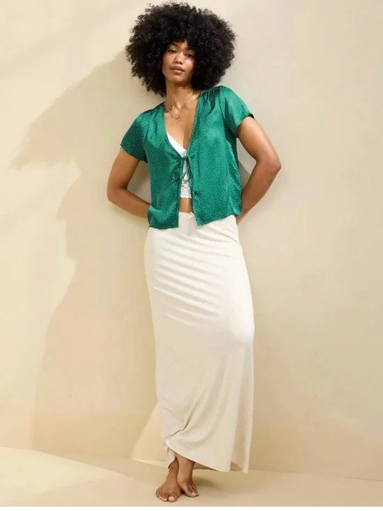 Aerie Off-Duty Satin Emerald Green Polka Dot Tie-Front Blouse size XS - Picture 12 of 13